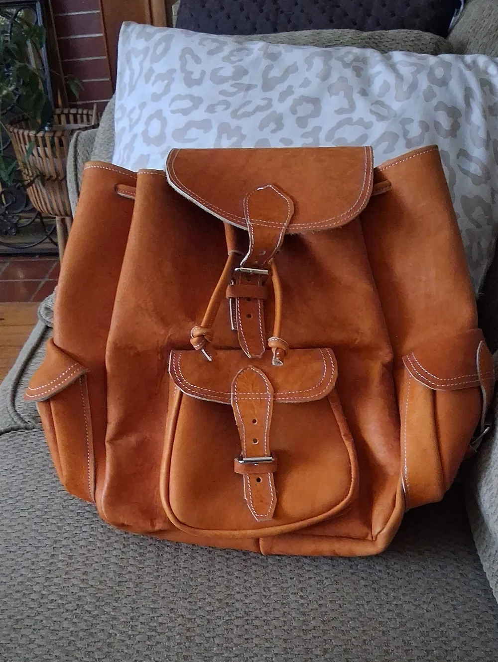 Vintage Tan Leather Backpack with Front and Side Buckle Pocket Purse Bag